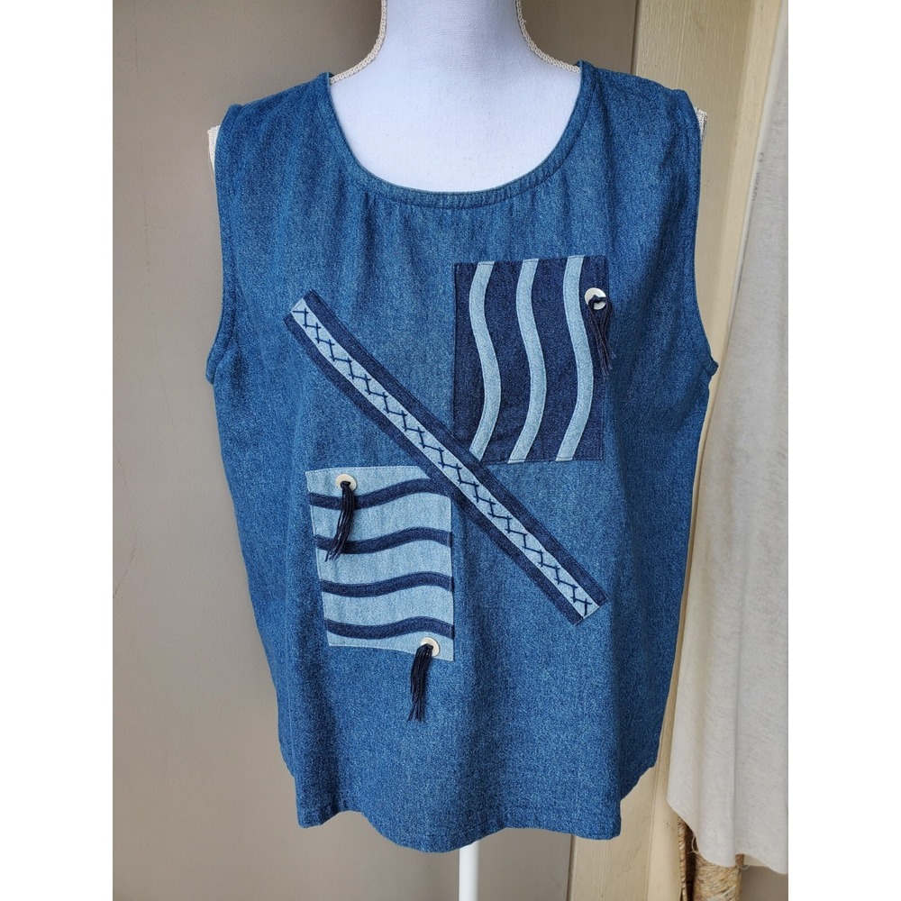Yak Magik Denim Tank Top Womens Large Blue Patchwork Tassels Artsy Teacher Y2K‎